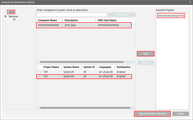 Dialogfeld Nach Verteilungspartnern durchsuchen für lokale Projekte in der Domäne