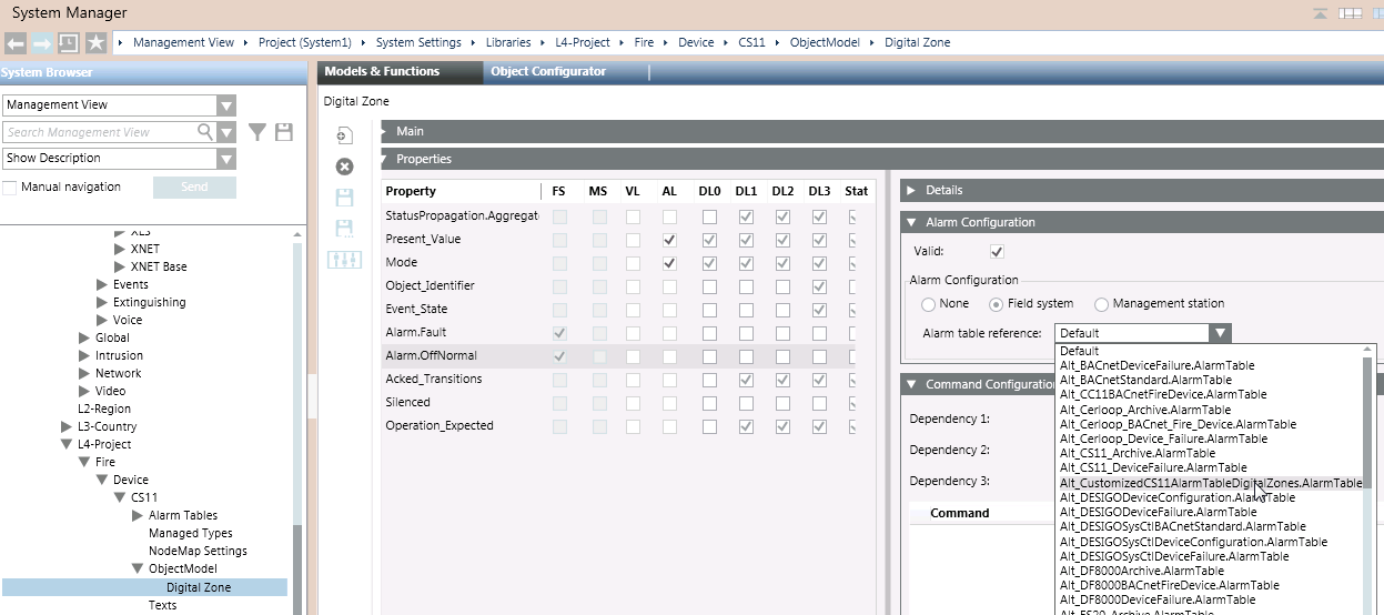 Neue Alarmtabelle im angepassten CS11-Objektmodell