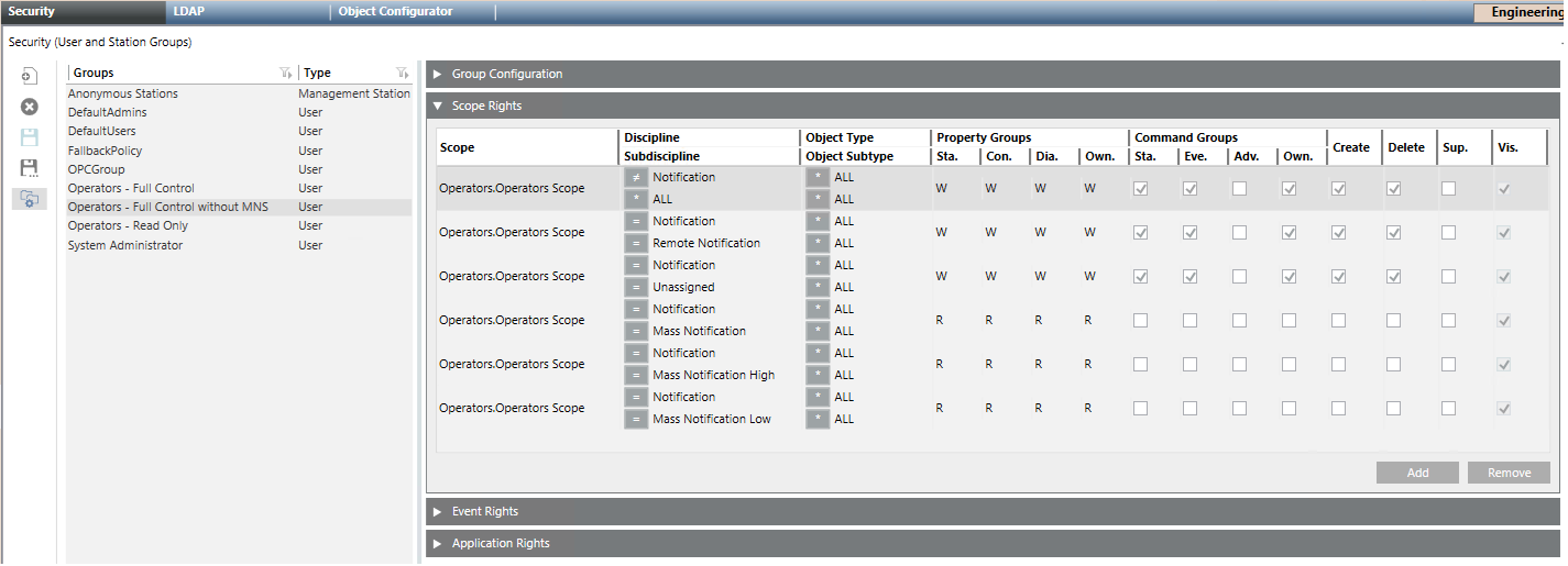 Einstellungen für Sicherheitsgruppen ohne MNS-Steuerung