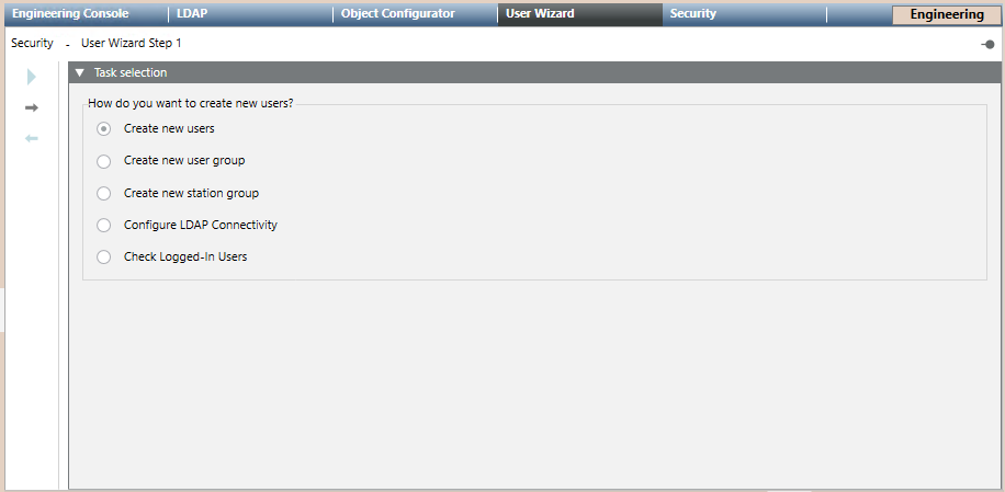 Benutzerassistent, erster Schritt: Task-Auswahl