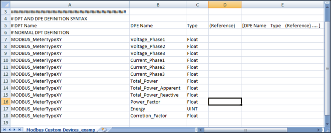 Beispiel einer individuellen CSV-Datei für ein Gerät (in Excel geöffnet)