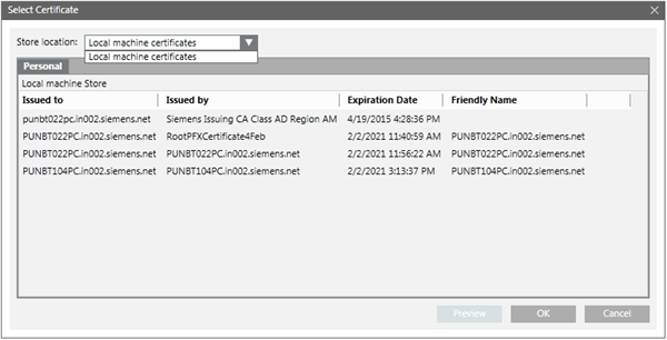 Select Certificate Dialog Box for Web Communication