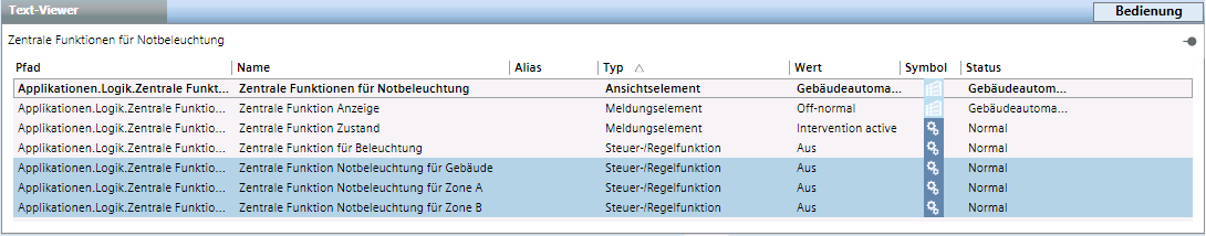 Notbeleuchtung in mehreren Zonen ein mit Text-Viewer