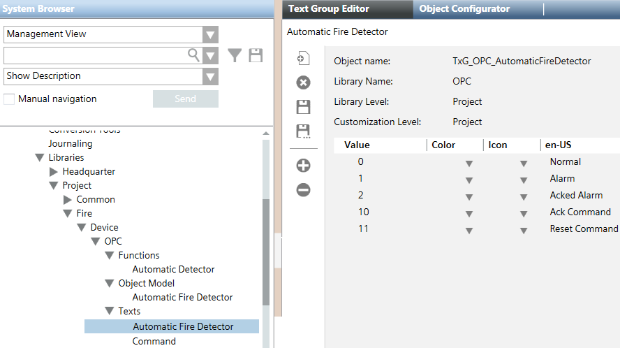 Konfiguration von Textgruppen mit Ausgabe- und Eingabewerten am OPC-Server