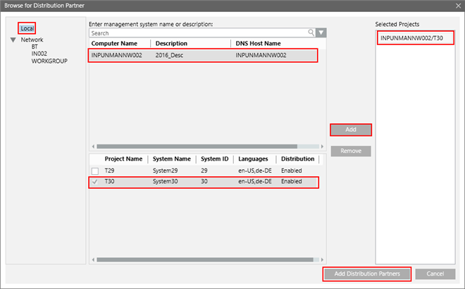 Dialogfeld Nach Verteilungspartnern durchsuchen für lokale Projekte in der Arbeitsgruppe