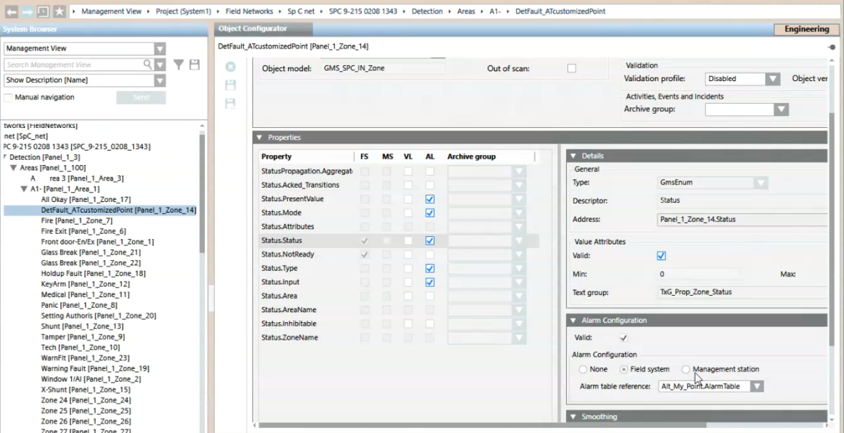 Angepasste Alarmtabelle auf einzelne Zone anwenden