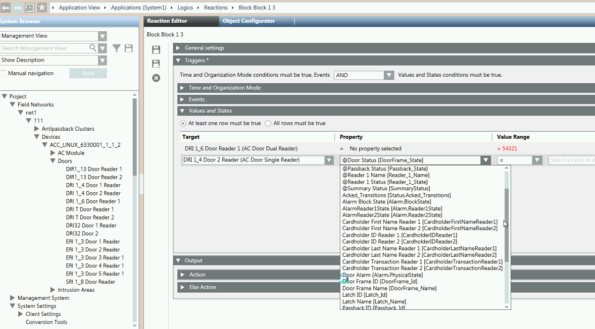 Cardholder properties of a [Card Reader] target object in the Values and States Expander 