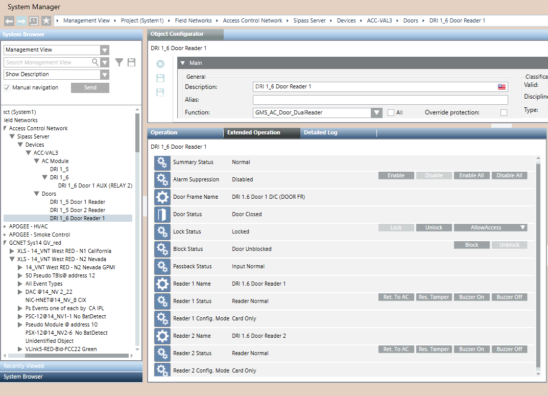 SiPass Door Reader Commands in the Extended Operation Tab