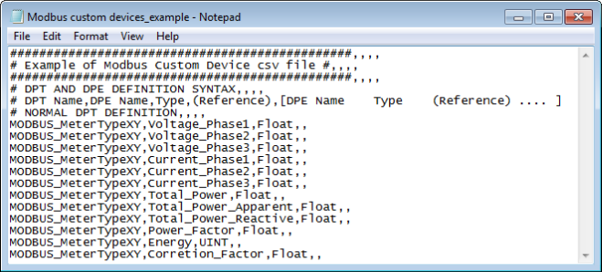 Example for Custom Device CSV File (Opened in Notepad)