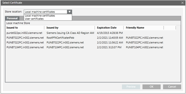 Select Certificate Dialog Box for a Web Application