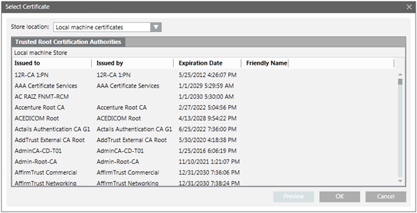 Dialogfeld Zertifikat auswählen für die Client-Server-Kommunikation
