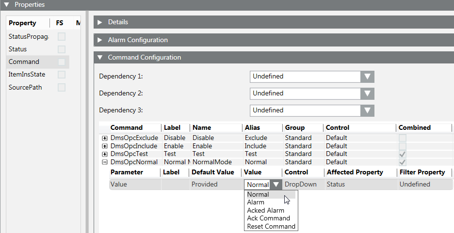 Command Property: Configuration of Other Commands (Only the Normal Command Row Is Expanded)